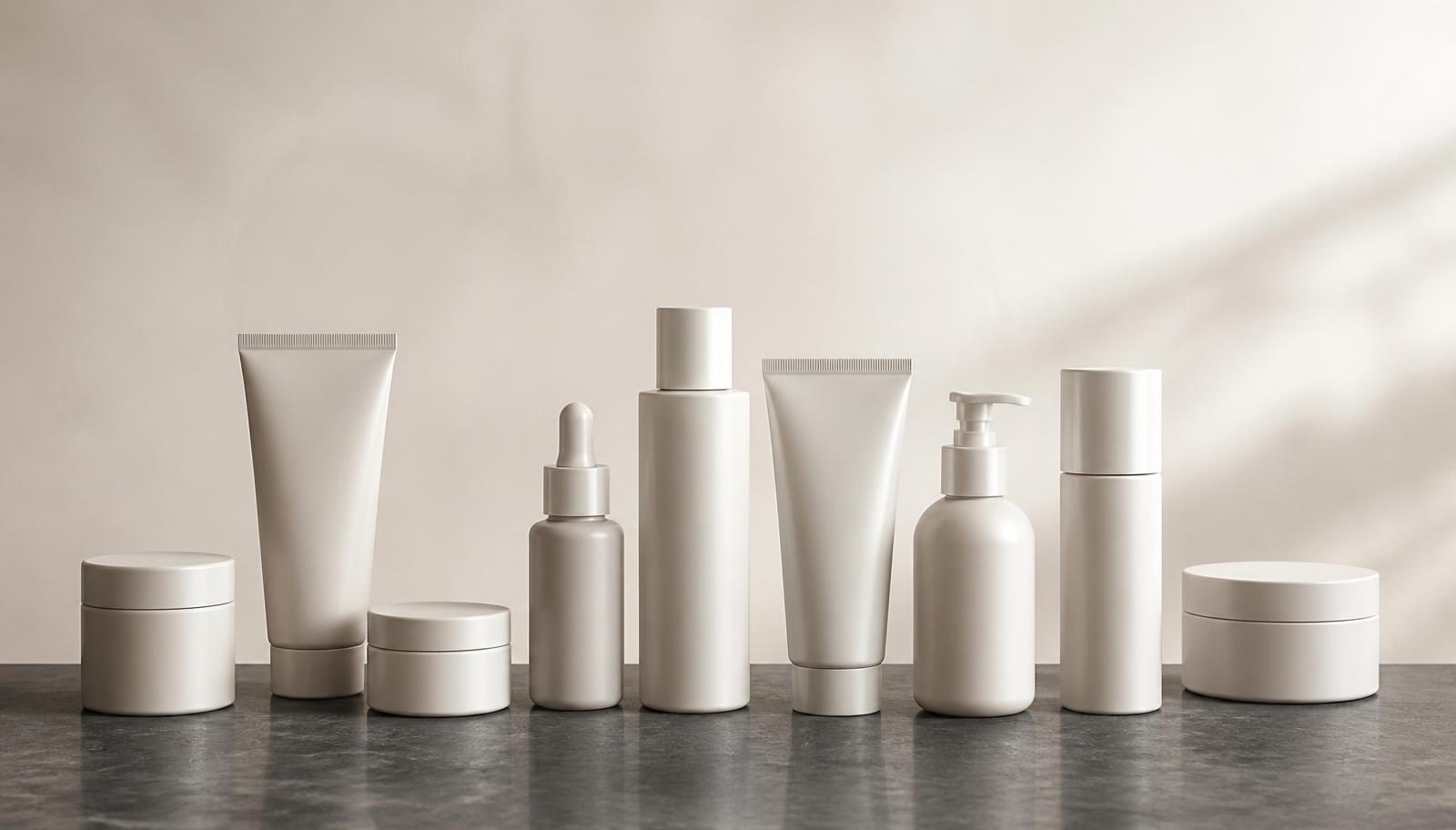 Composição editorial de embalagens cosméticas neutras sobre bancada de pedra