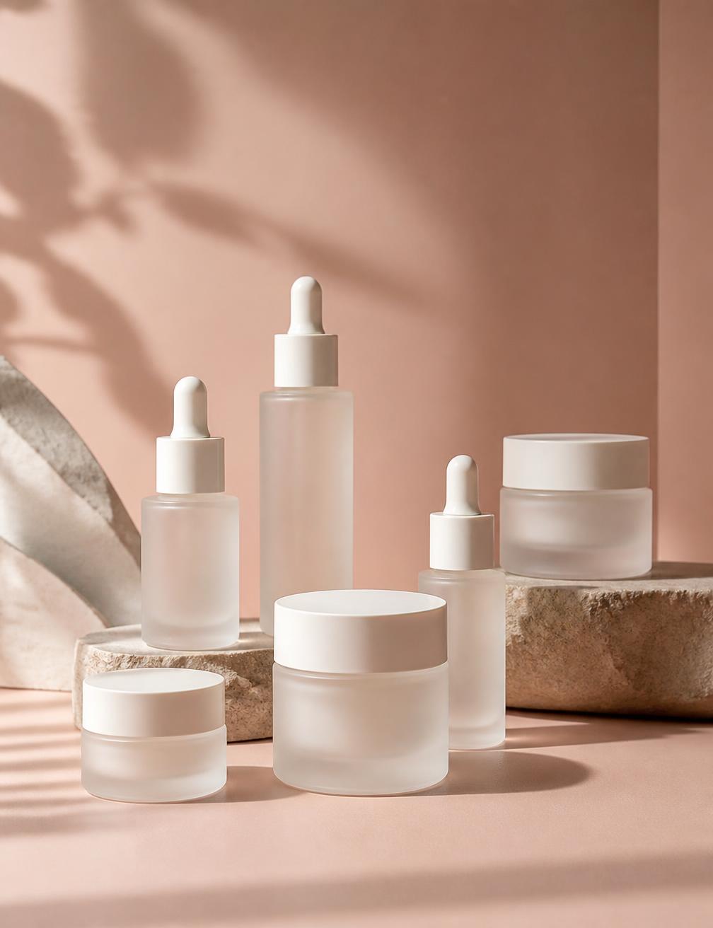 Composição editorial de frascos de skincare sem marca
